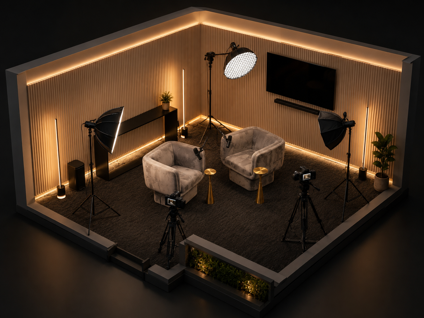 Isometric view of the Riano Studio podcast recording room in Orange County, California