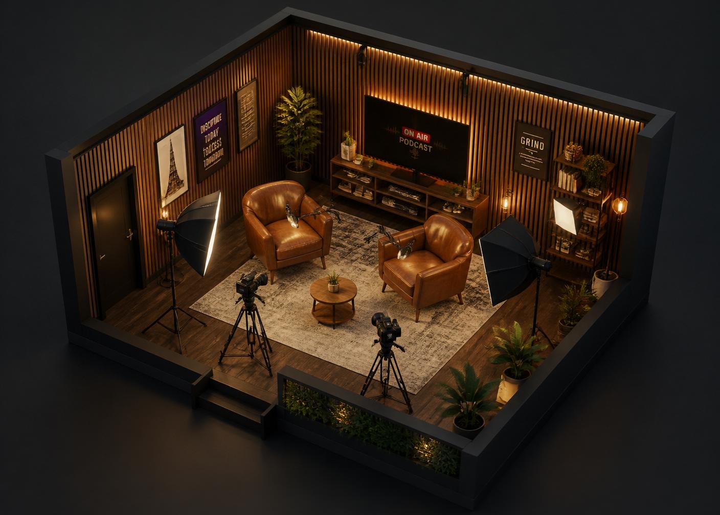 Isometric view of the Riano Studio podcast room
